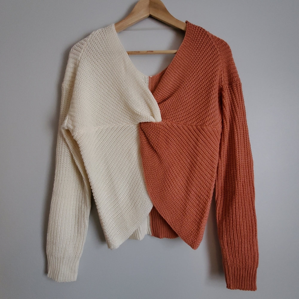 Twist Front Color Block Reversable Knit Sweater - Picture 2 of 12